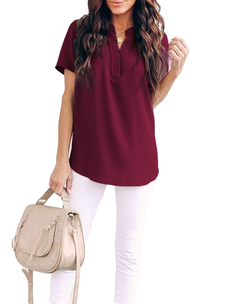 Allimy Women Summer Shirts Clothes Plus Size V Neck Short Sleeve Tops Fashion 2026 Blouses Wine XL - Image 3